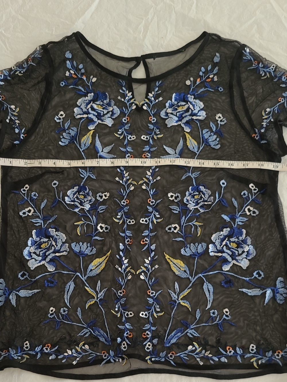 White House Black Market Sheer Black Blouse with Blue Floral Embroidery - Picture 6 of 10